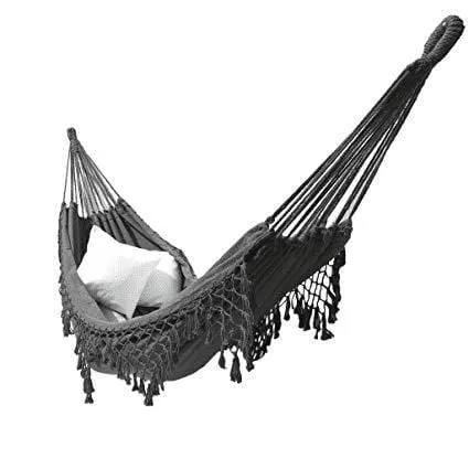 Grey Brazilian Style Hammock - Canvas Tassels Crochet Fringe Double EXTRA-LARGE