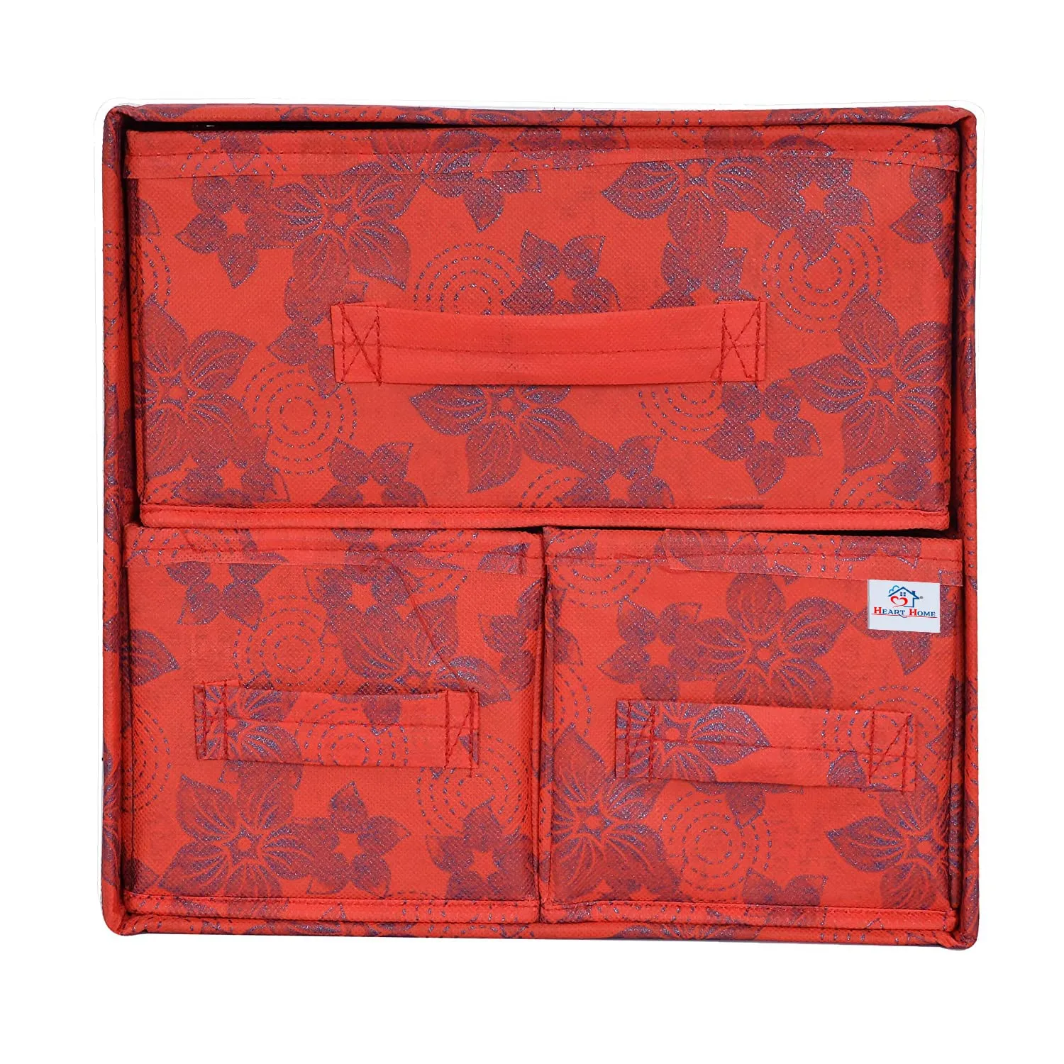 Heart Home Metallic Flower Printed Multiuses Non-Woven Foldable Organizer Box With 3 Drawers- Pack of 2 (Red)-HS43HEARTH26851