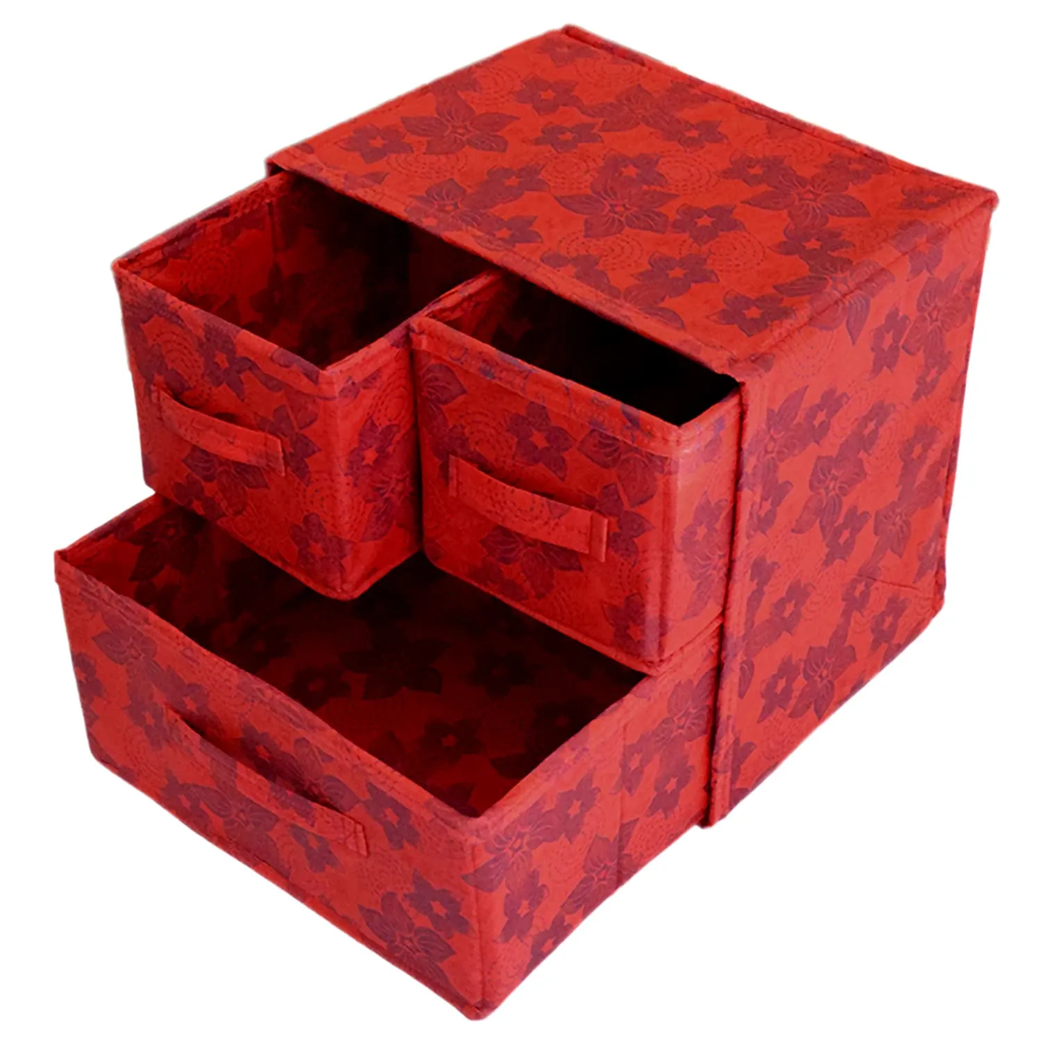 Heart Home Metallic Flower Printed Multiuses Non-Woven Foldable Organizer Box With 3 Drawers- Pack of 2 (Red)-HS43HEARTH26851