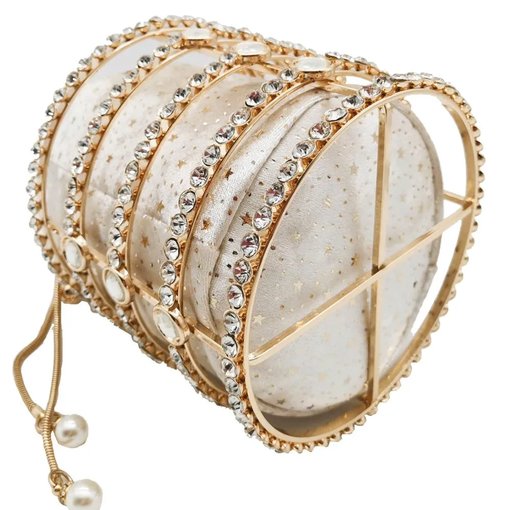 Hollow Out Pearl Bucket Evening Bag Women Luxury Designer Handmade Alloy Metallic Clutch Bag