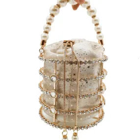 Hollow Out Pearl Bucket Evening Bag Women Luxury Designer Handmade Alloy Metallic Clutch Bag