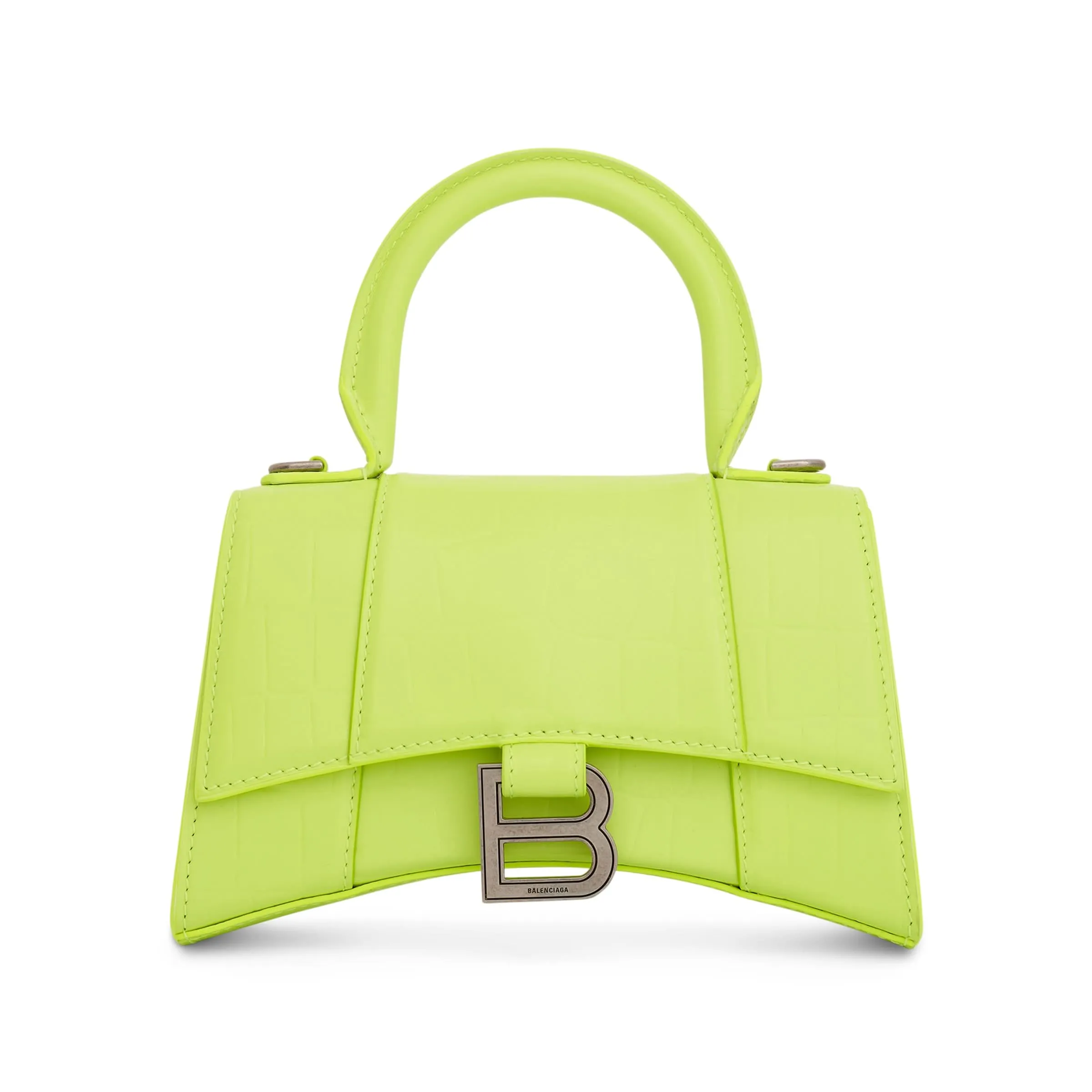 Hourglass XS Croco Embossed Bag in Fluo Yellow