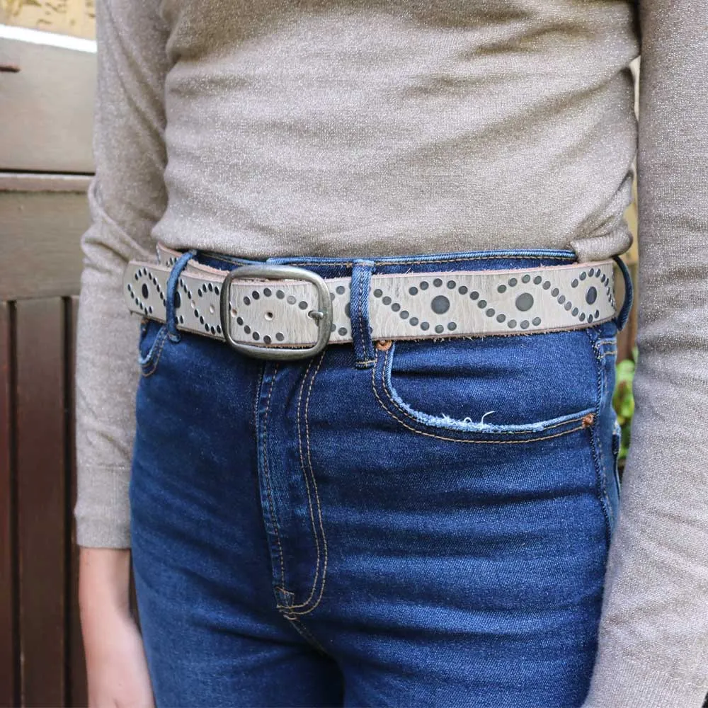 Irena | Women's Studded Leather Belt | Antique Silver Studs