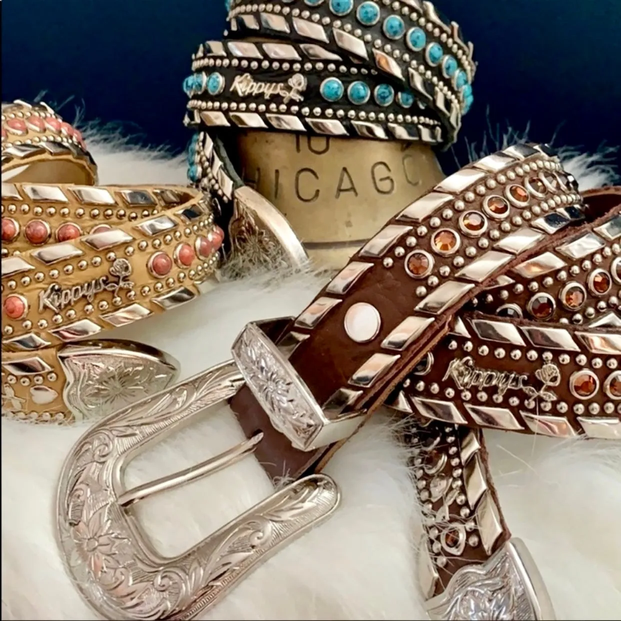 KIPPYS Swarovski Crystal Silver Buckle Studded Brown Leather Cowgirl Western Belt