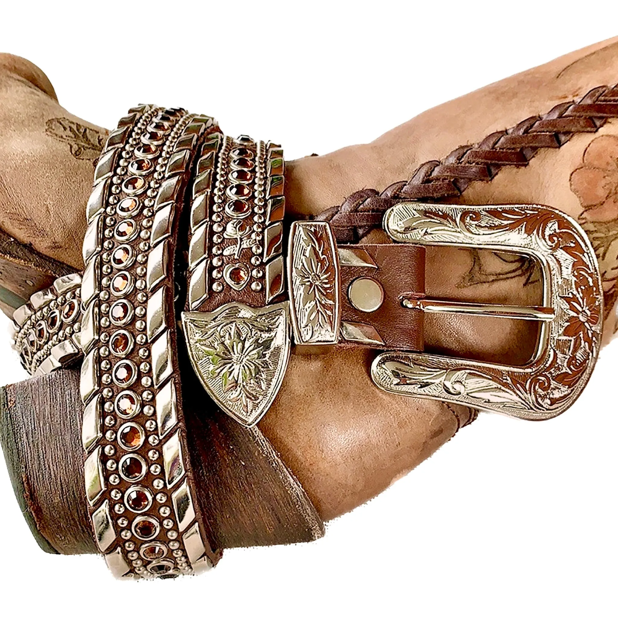 KIPPYS Swarovski Crystal Silver Buckle Studded Brown Leather Cowgirl Western Belt