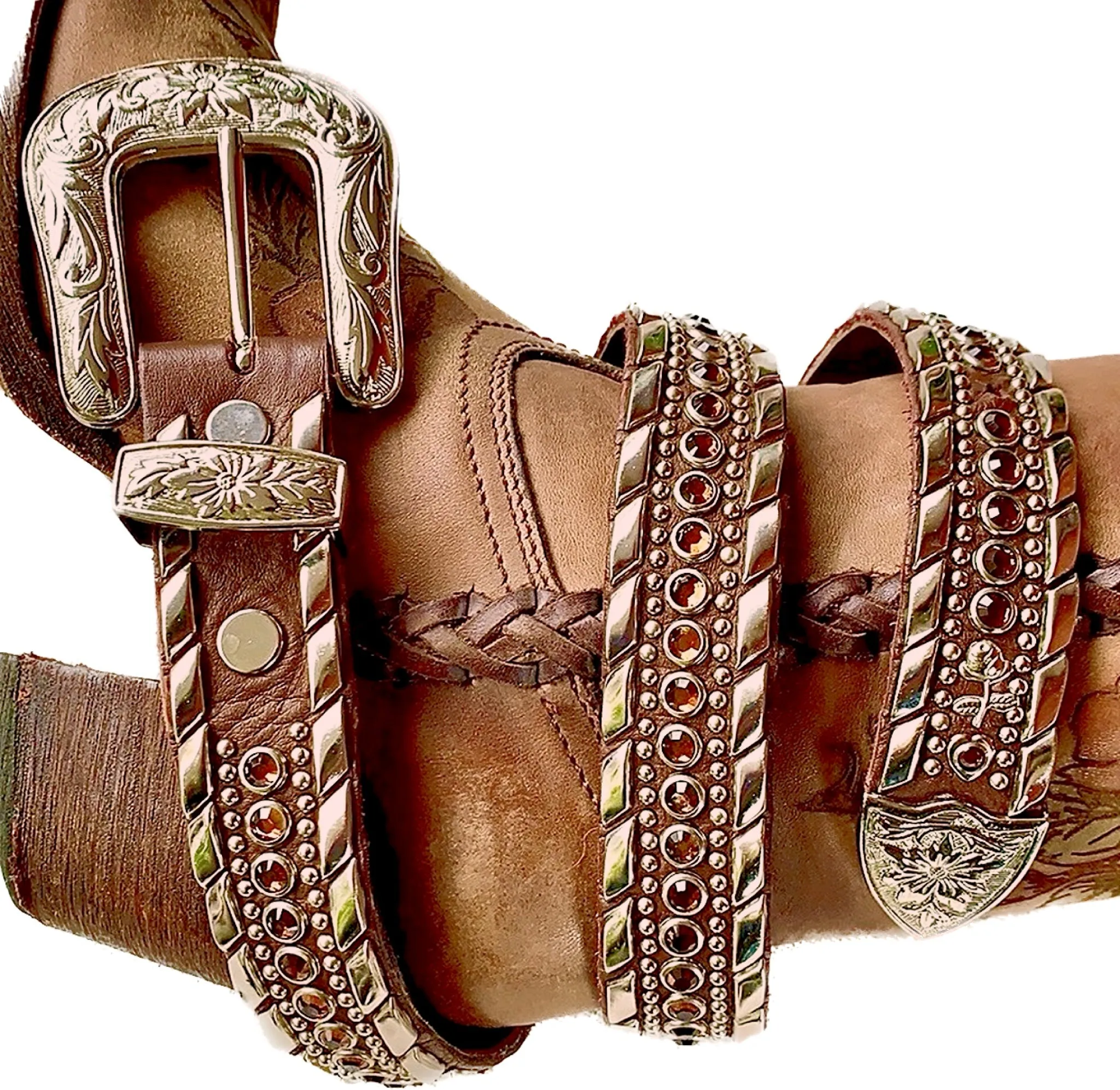 KIPPYS Swarovski Crystal Silver Buckle Studded Brown Leather Cowgirl Western Belt