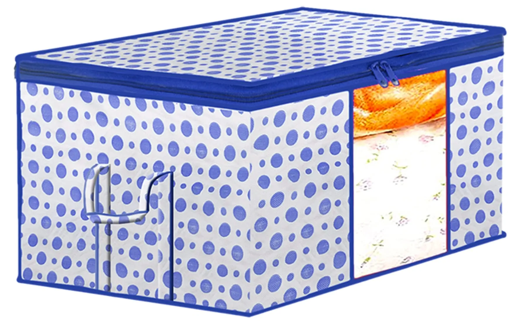 Kuber Industries Dot Printed Multiuses Non Woven Underbed/Storage Bag/Organizer With Transparent Window & Handle (Blue)-46KM0599