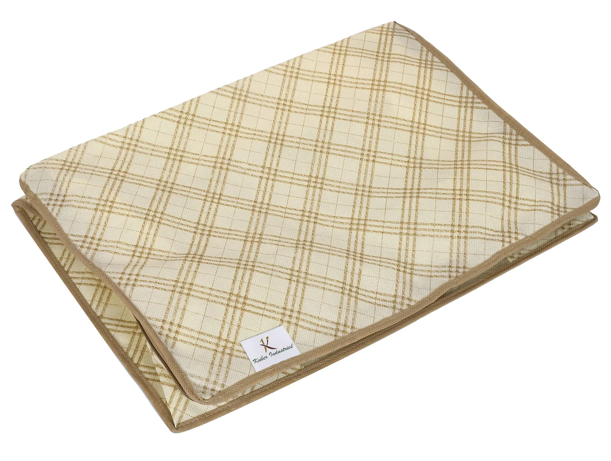 Kuber Industries Metallic Checkered Print Non-Woven Underbed Bag|Storage Organiser|Blanket Cover with Transparent Window|Storage Bag For Clothes Large (Ivory, pack of 1)