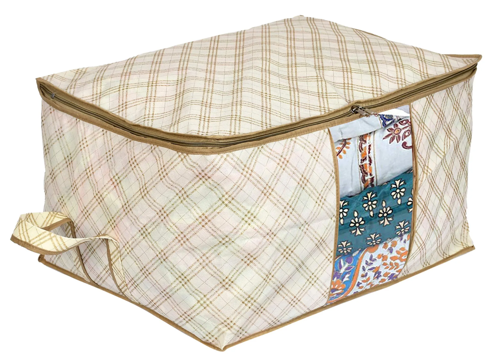 Kuber Industries Metallic Checkered Print Non-Woven Underbed Bag|Storage Organiser|Blanket Cover with Transparent Window|Storage Bag For Clothes Large (Ivory, pack of 1)