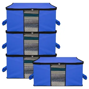 Kuber Industries Underbed Storage Bag | Clothes Storage Organizer | Blanket Cover with Clear Window | Zipper Closure & Handle Cloth Organizer | Plain Black Border | Large | Pack of 4 | Blue