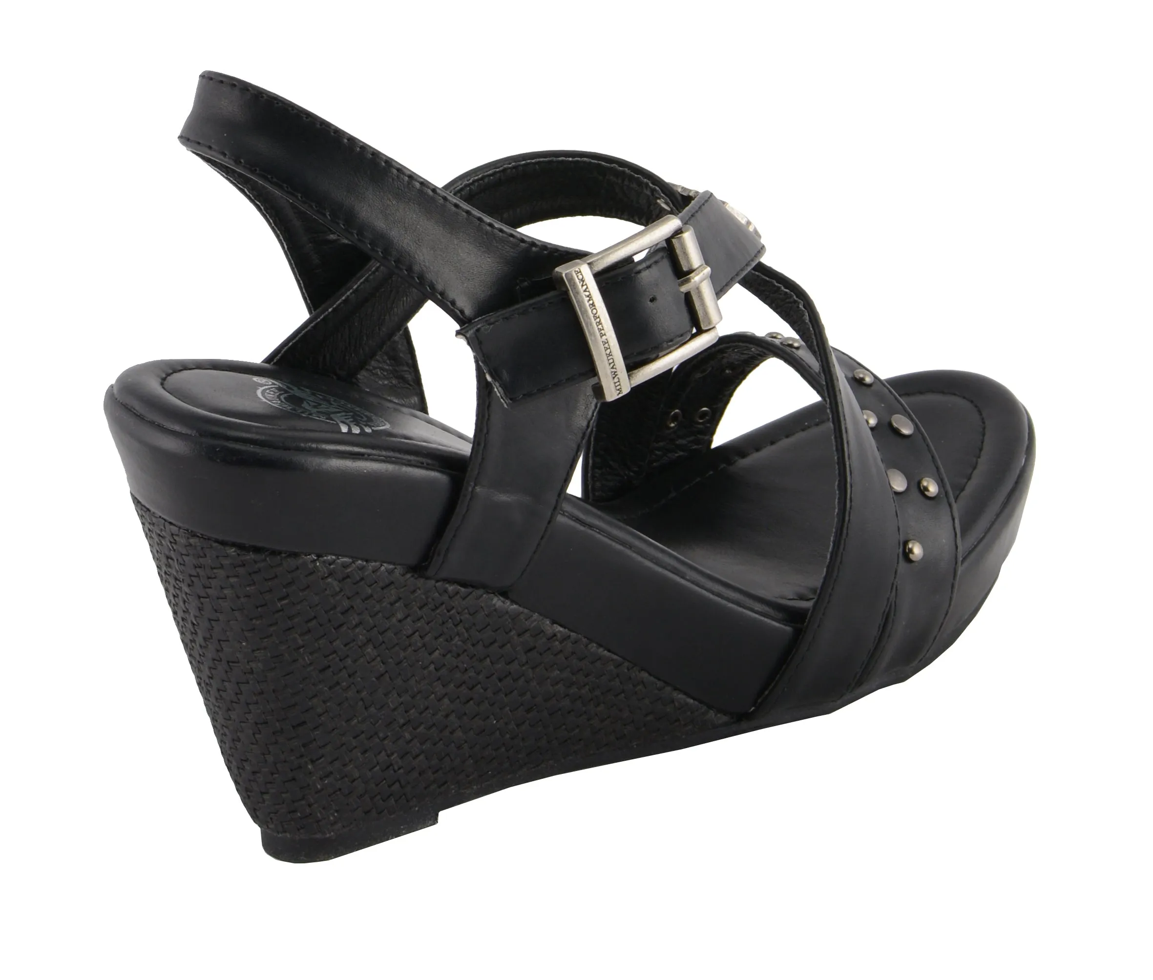 Ladies Triple Strap Studded Wedge Sandal