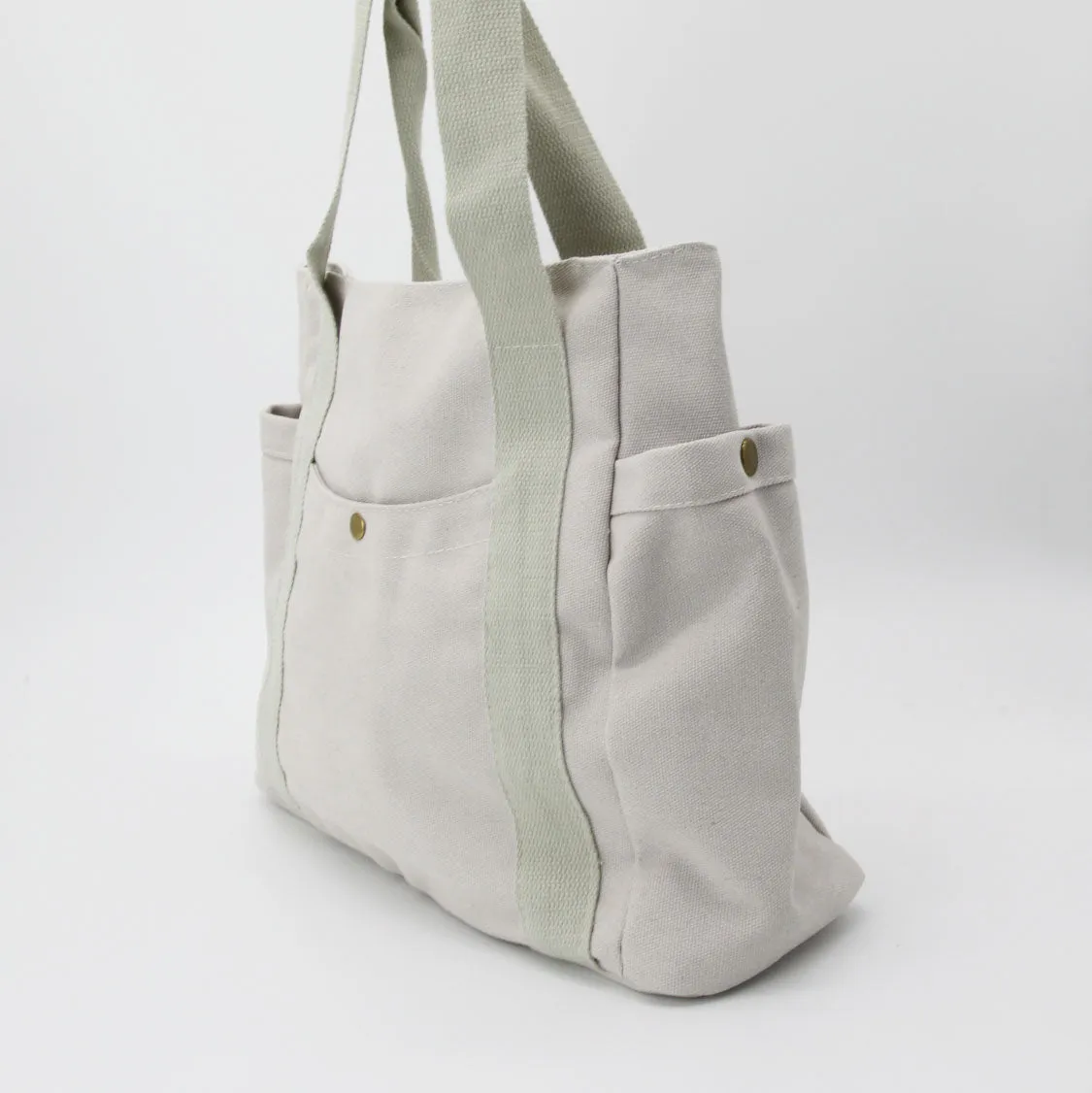 Large Canvas Tote Bag With Pockets & Zipper in Beige