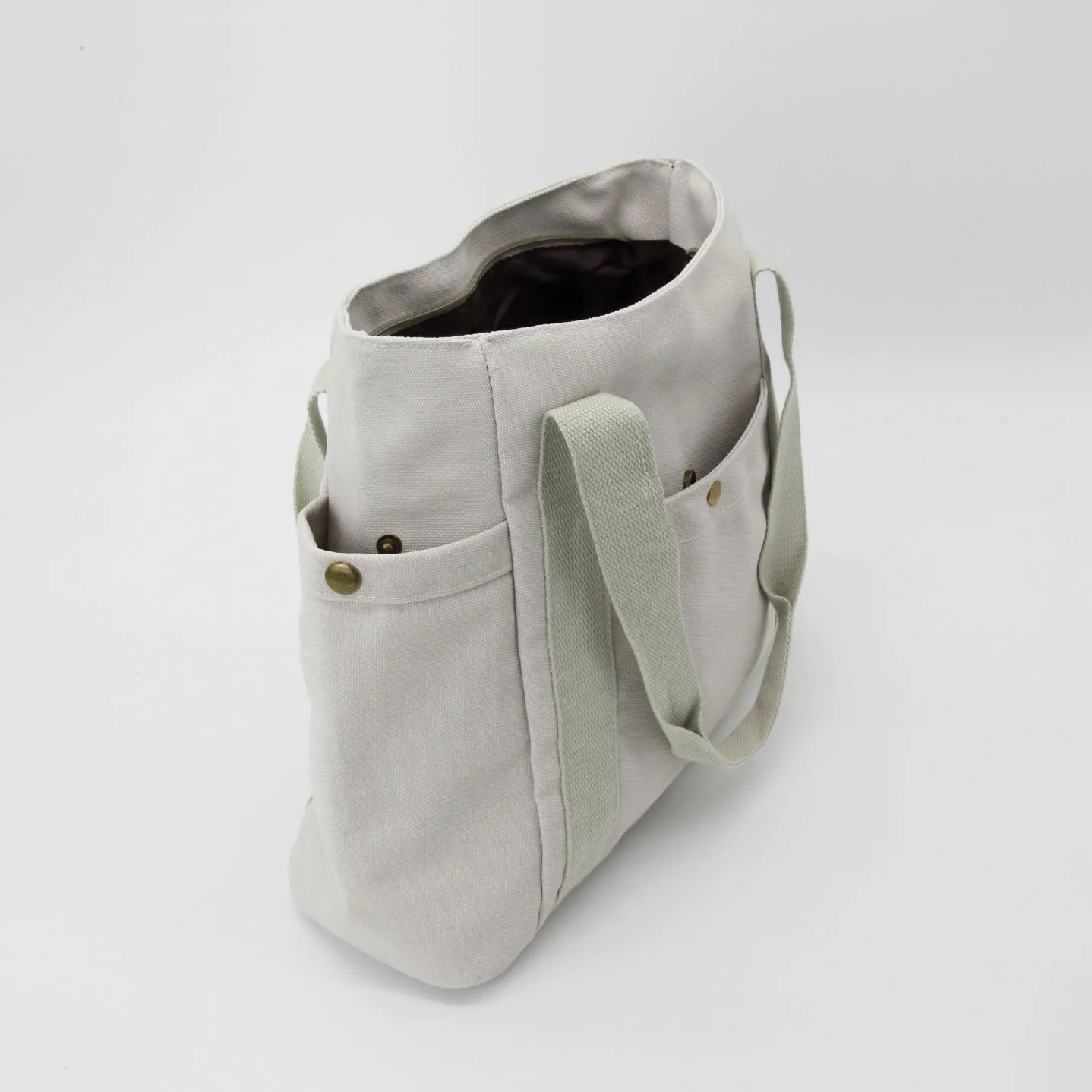 Large Canvas Tote Bag With Pockets & Zipper in Beige