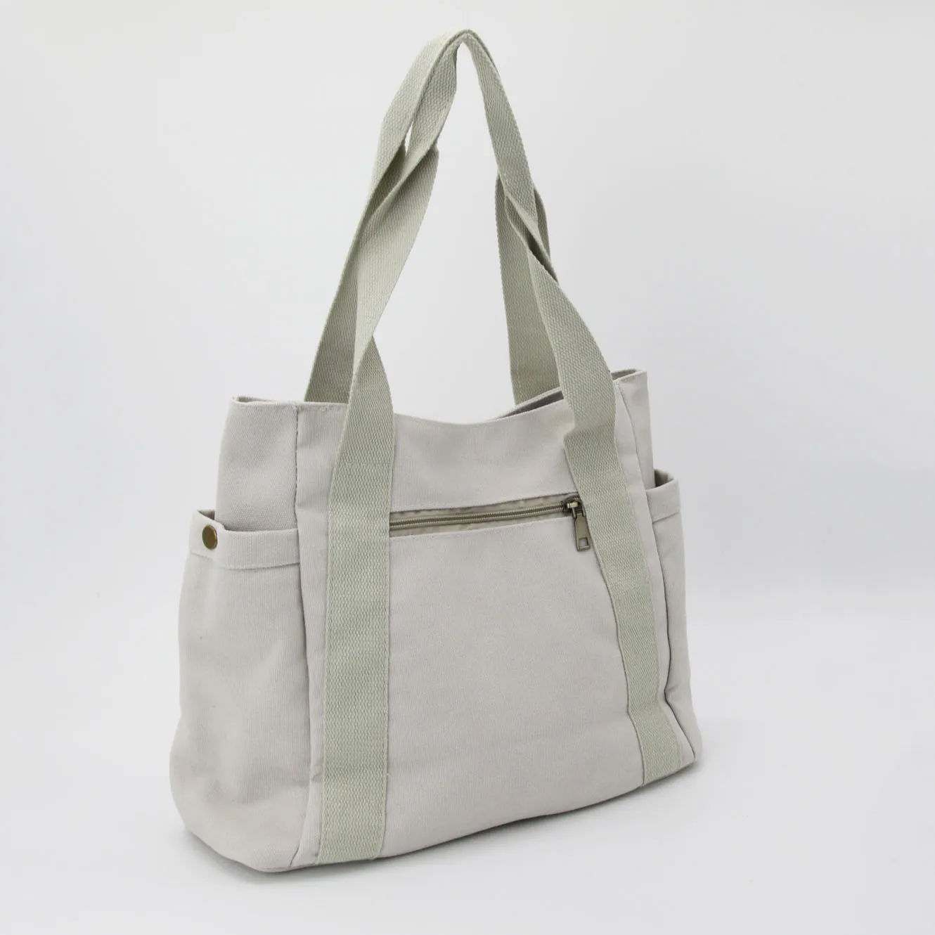 Large Canvas Tote Bag With Pockets & Zipper in Beige