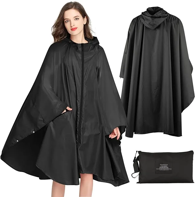 Lively Life Lightweight Waterproof Rain Poncho for Women Men, Windproof Reusable Ripstop Breathable Raincoat with Hood for Outdoor Activities Quick Dry Hooded Raincoat Free Size - Black