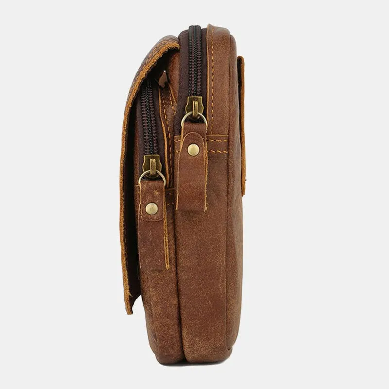 Men Genuine Leather Large Capacity Waist Bag Multifunctional Outdoor Retro 6.3 Inch Phone