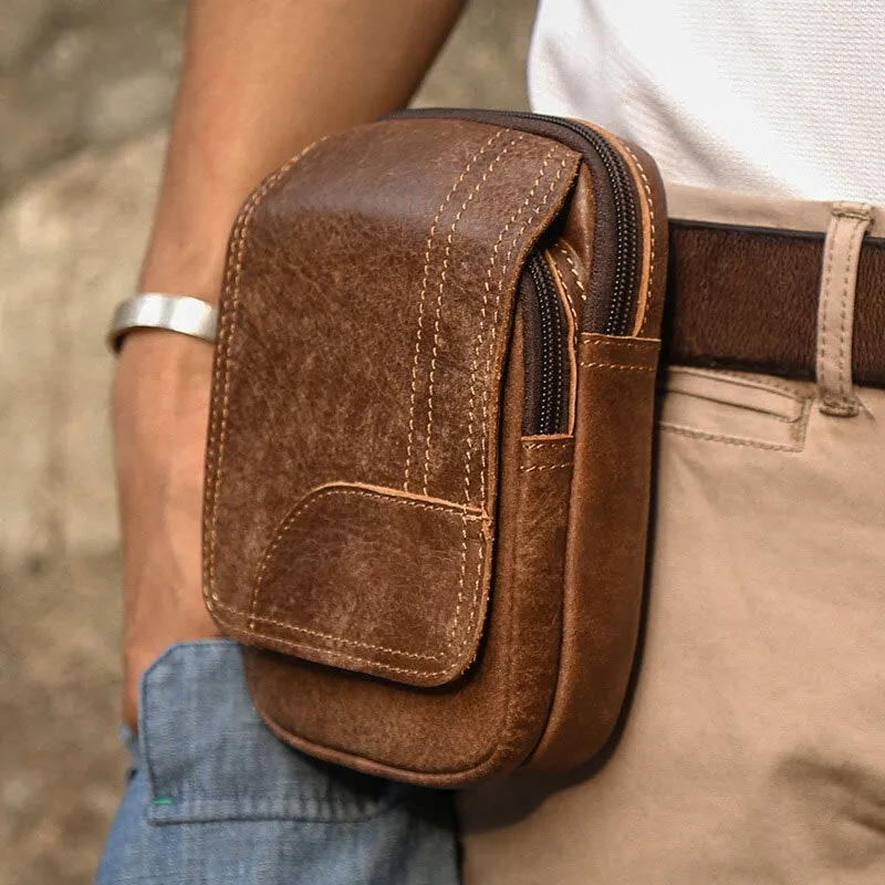 Men Genuine Leather Large Capacity Waist Bag Multifunctional Outdoor Retro 6.3 Inch Phone