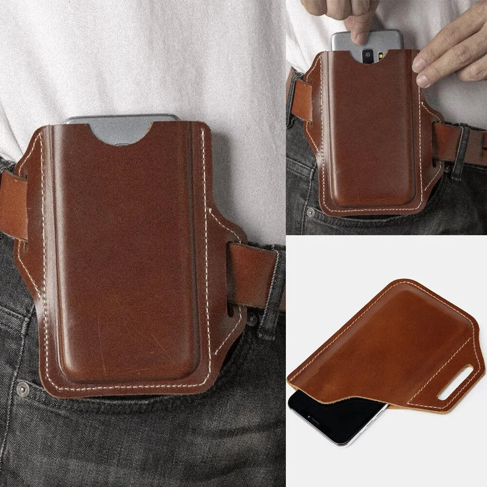 Men Genuine Leather Solid 6.3 Inch Phone Holder Waist Bag Belt