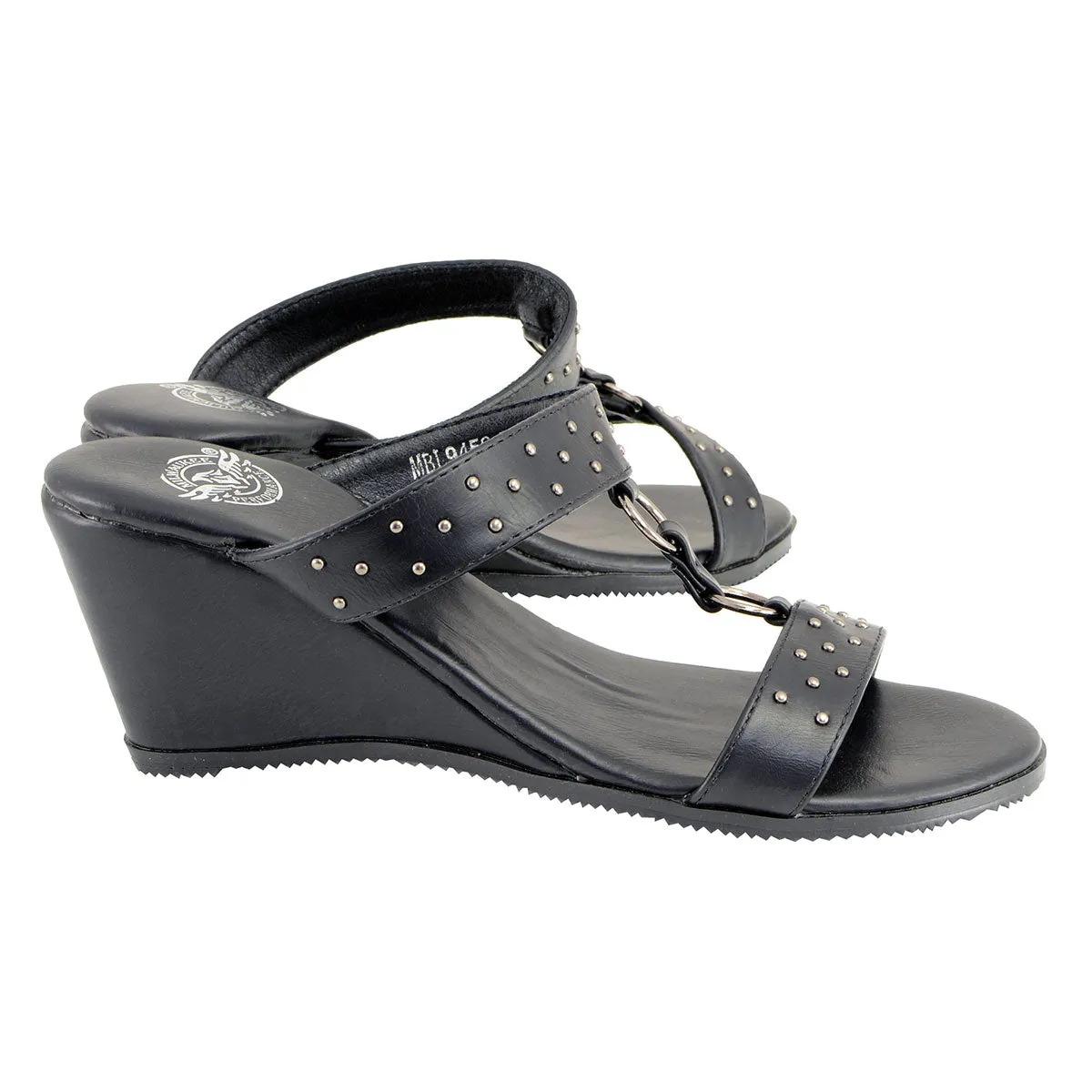 Milwaukee Leather MBL9450 Women's Black Studded Double Strap Fashion Casual Wedge Sandals