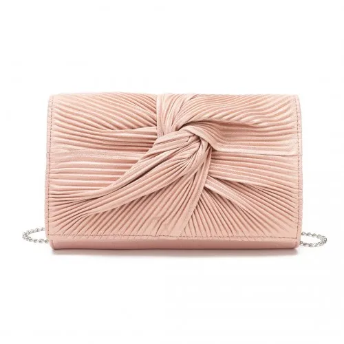 Miss Lulu Women's Elegant Pink Pleated Bow Evening Clutch Handbag with Detachable Chain Strap