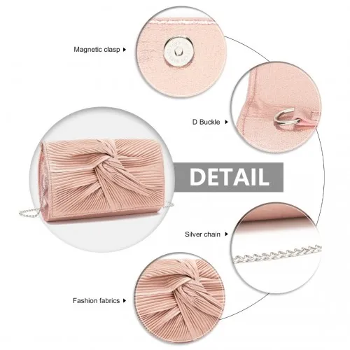 Miss Lulu Women's Elegant Pink Pleated Bow Evening Clutch Handbag with Detachable Chain Strap