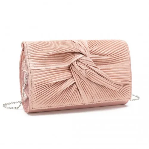 Miss Lulu Women's Elegant Pink Pleated Bow Evening Clutch Handbag with Detachable Chain Strap