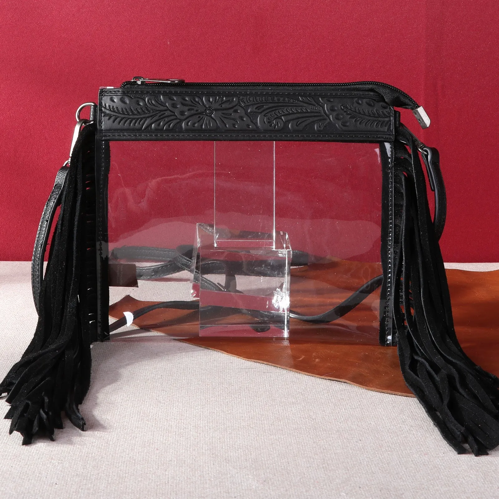 MW1257-A191  Montana West Western Fringe Stadium Clear Crossbody Bag