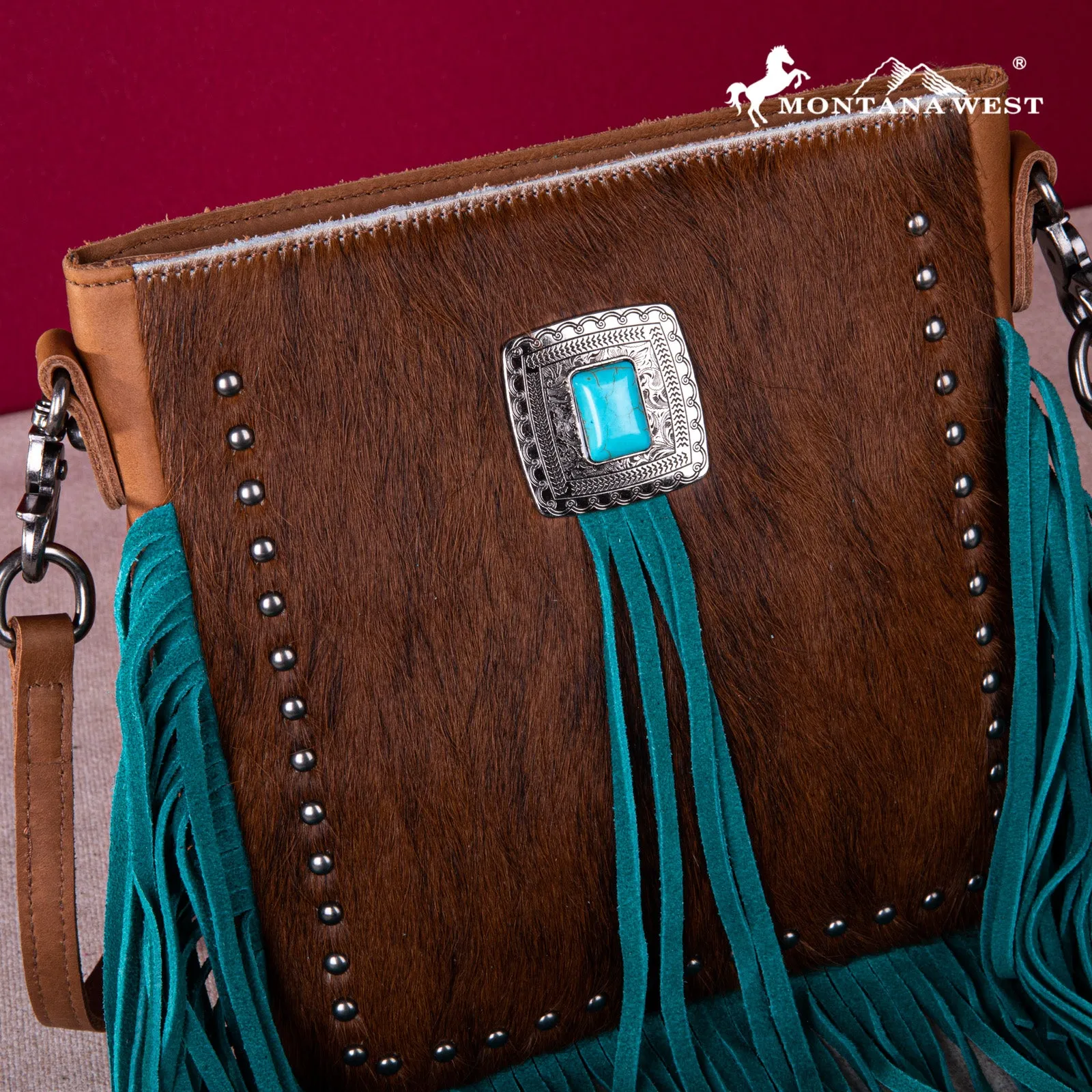 MWR-063 Montana West Genuine Leather Hair-On Cowhide Fringe Bohemian Crossbody - Turquoise