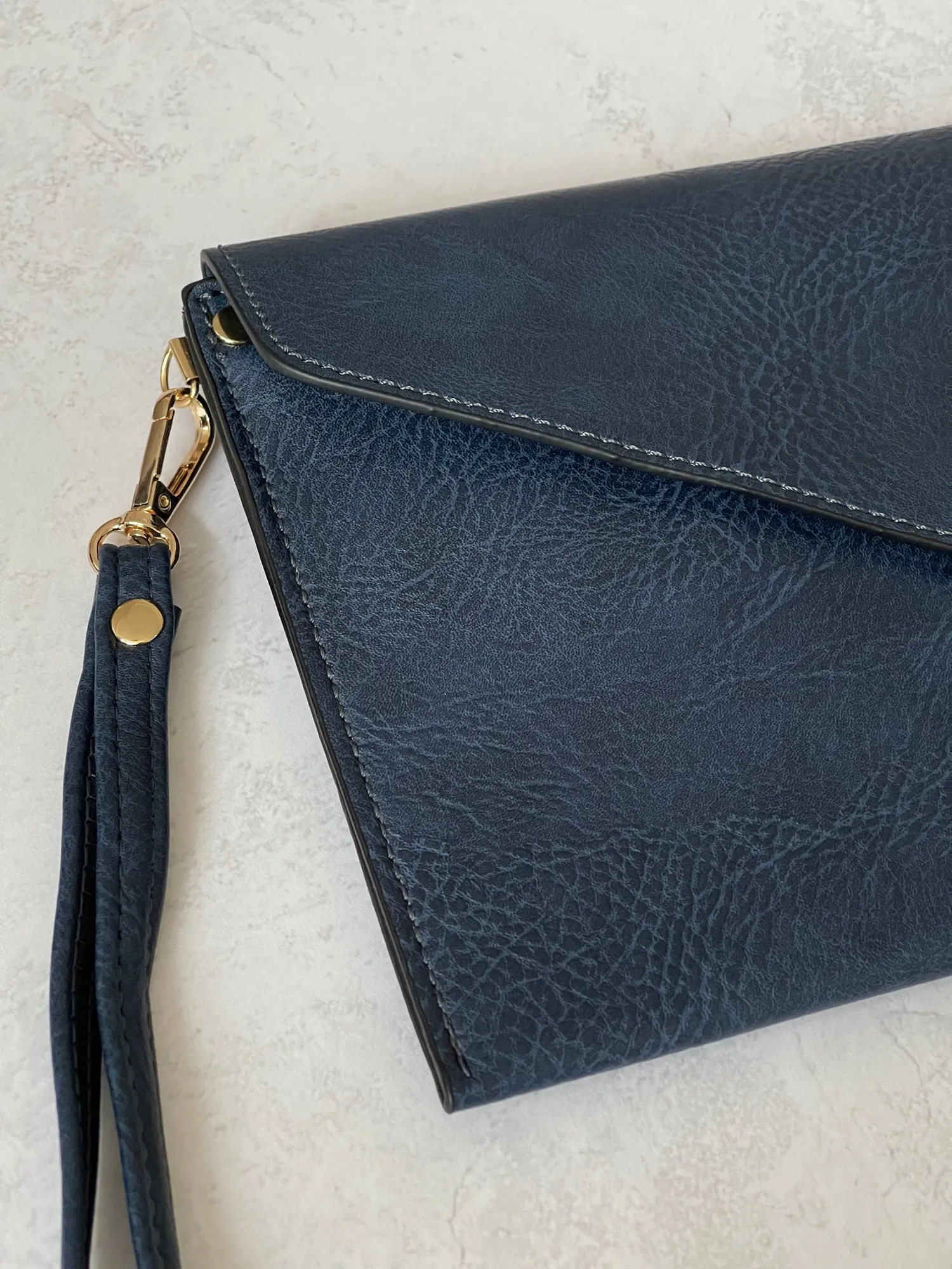 NAVY BLUE OVER-SIZED ENVELOPE CLUTCH BAG WITH LONG CROSS BODY AND WRISTLET STRAP