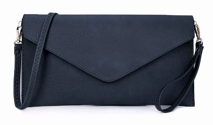 NAVY BLUE OVER-SIZED ENVELOPE CLUTCH BAG WITH LONG CROSS BODY AND WRISTLET STRAP