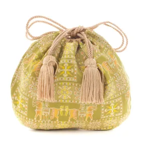 Nishijin-ori Small Drawstring Bag - Horse / Green -,  Made in Kyoto, Japan,  Japanese traditional craft purse