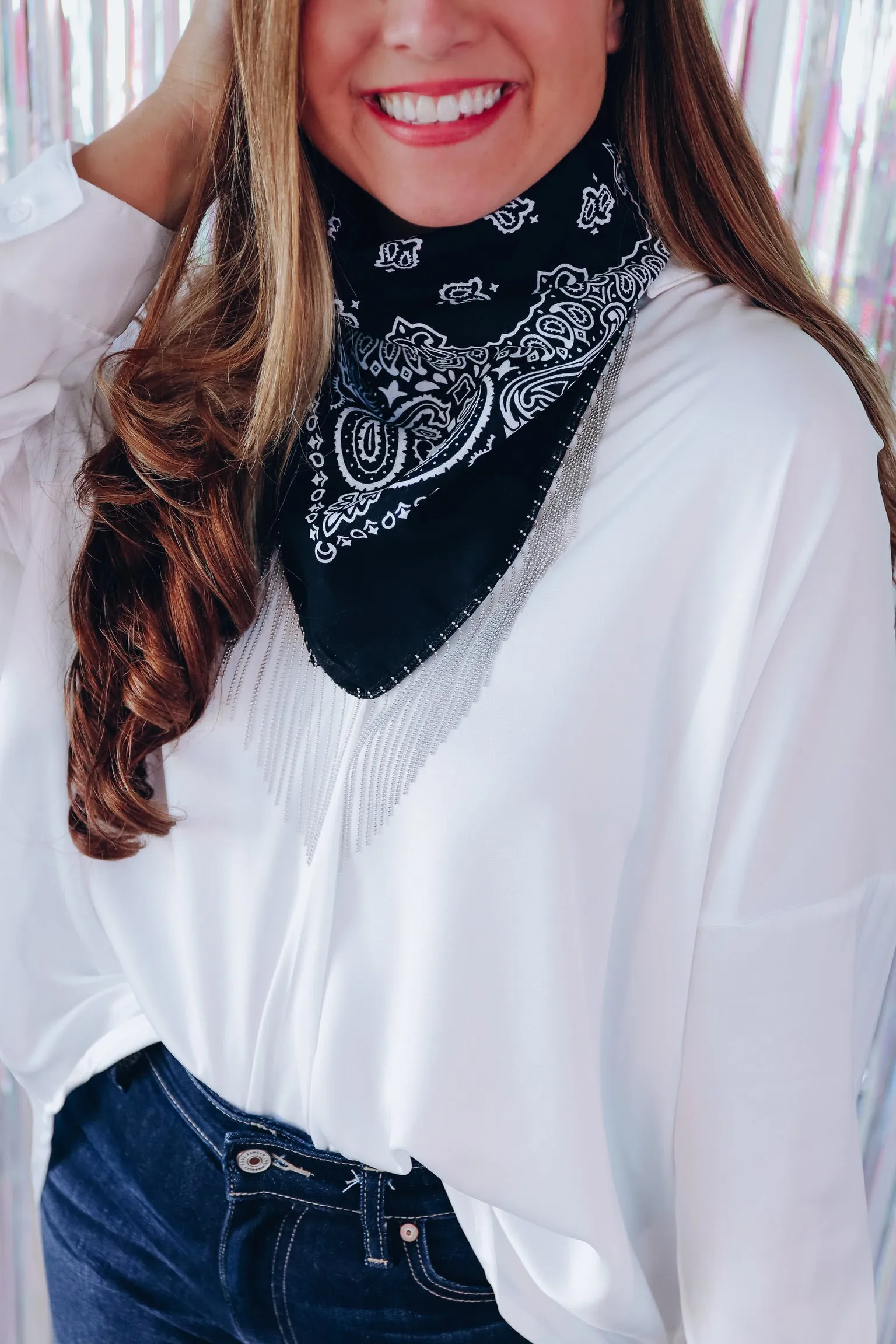 Paisley Bling Fringe Bandana - Black/Chain