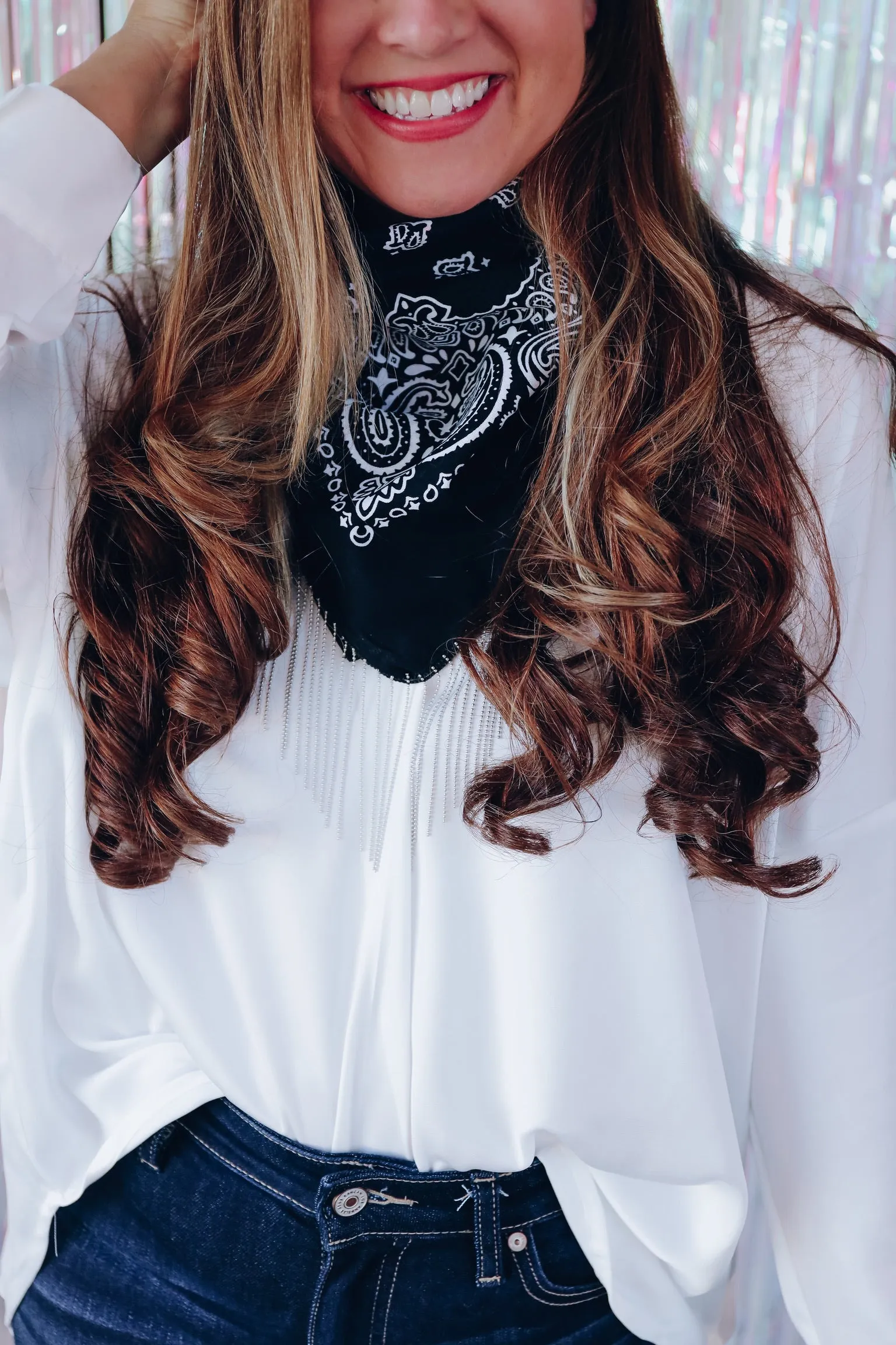 Paisley Bling Fringe Bandana - Black/Chain