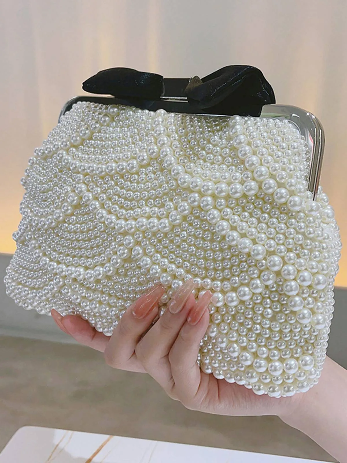 Pearl Beaded Bow Evening Clutch Bag