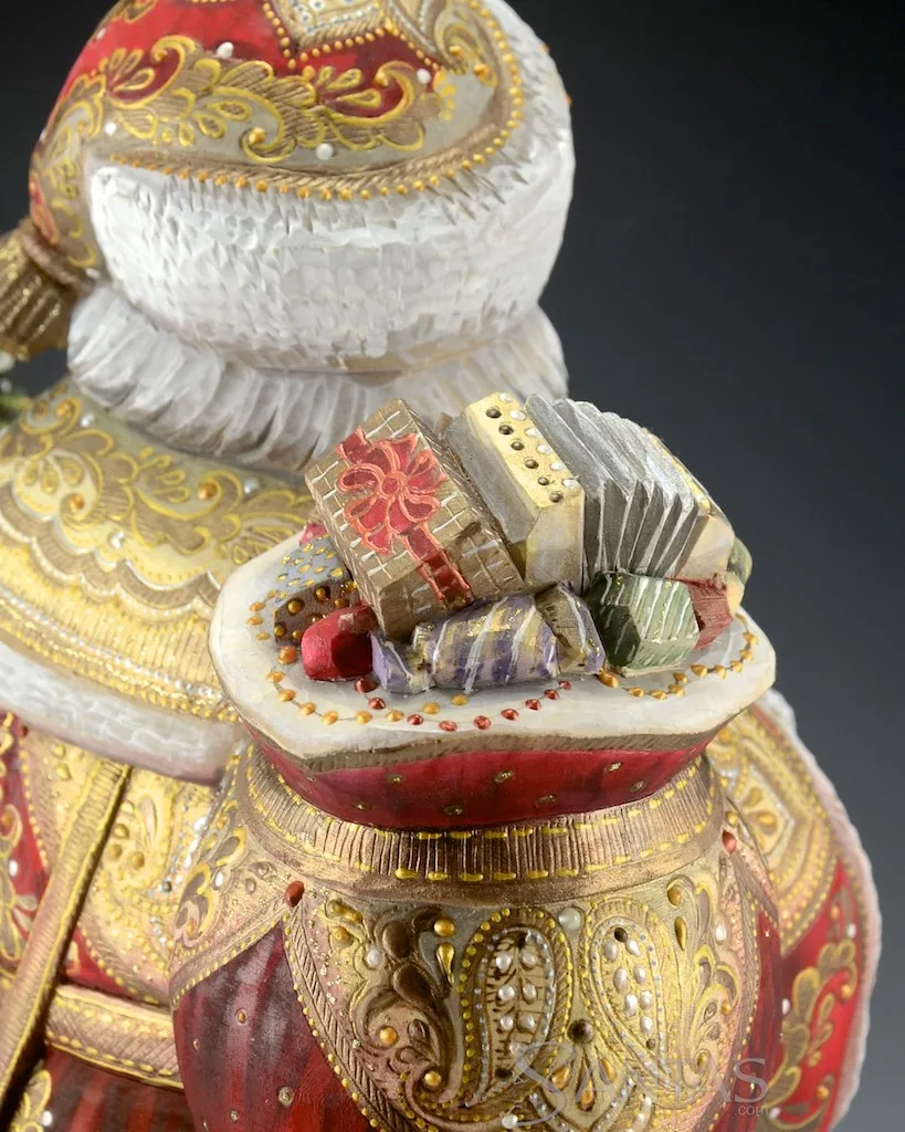 Perfect Tree Red and gold Ornate Russian Santa carving with Toy Bag