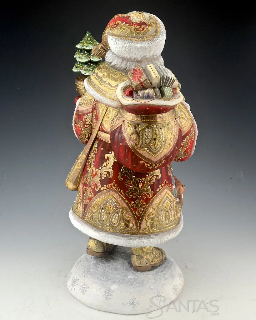 Perfect Tree Red and gold Ornate Russian Santa carving with Toy Bag