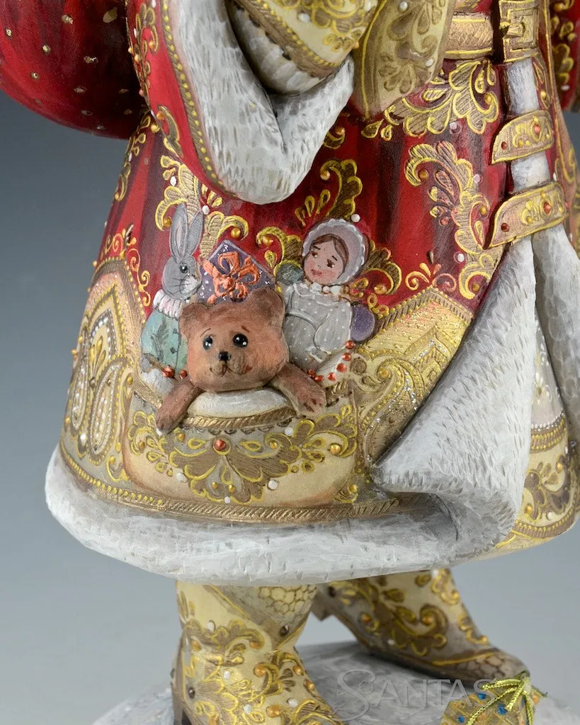 Perfect Tree Red and gold Ornate Russian Santa carving with Toy Bag