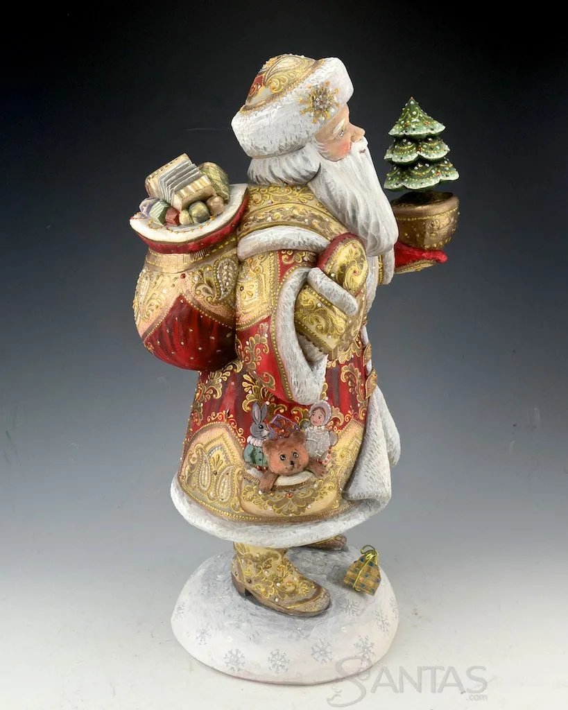 Perfect Tree Red and gold Ornate Russian Santa carving with Toy Bag