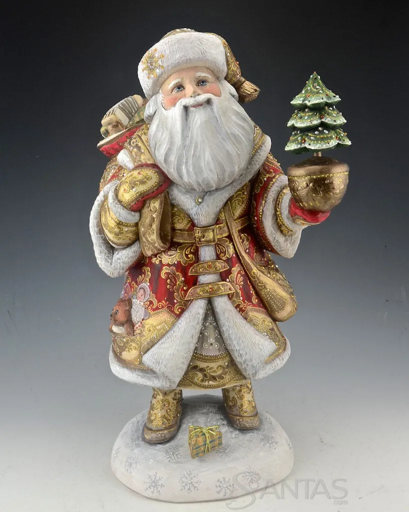 Perfect Tree Red and gold Ornate Russian Santa carving with Toy Bag