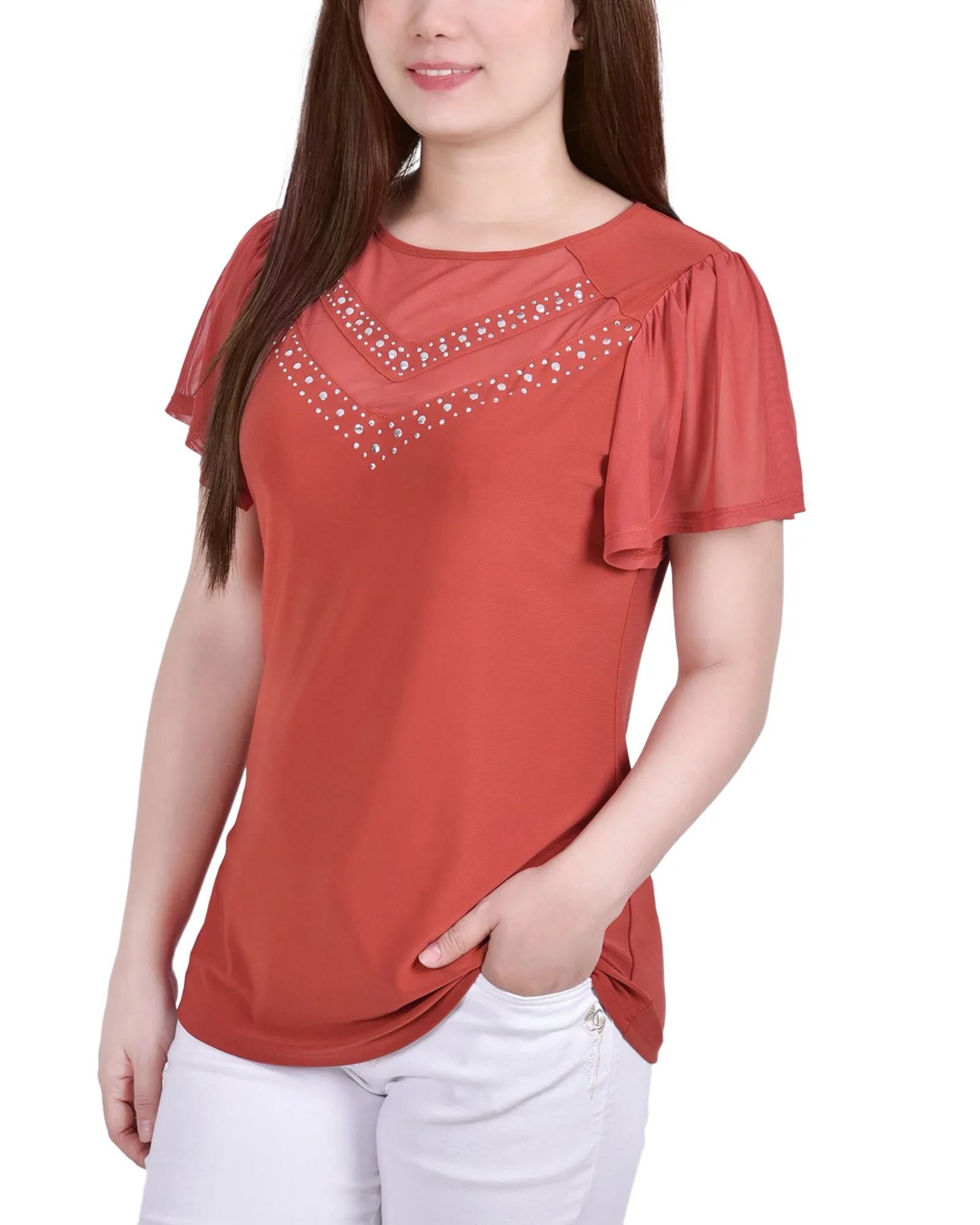 Petite Studded Short Flutter Sleeve Top With Mesh Details