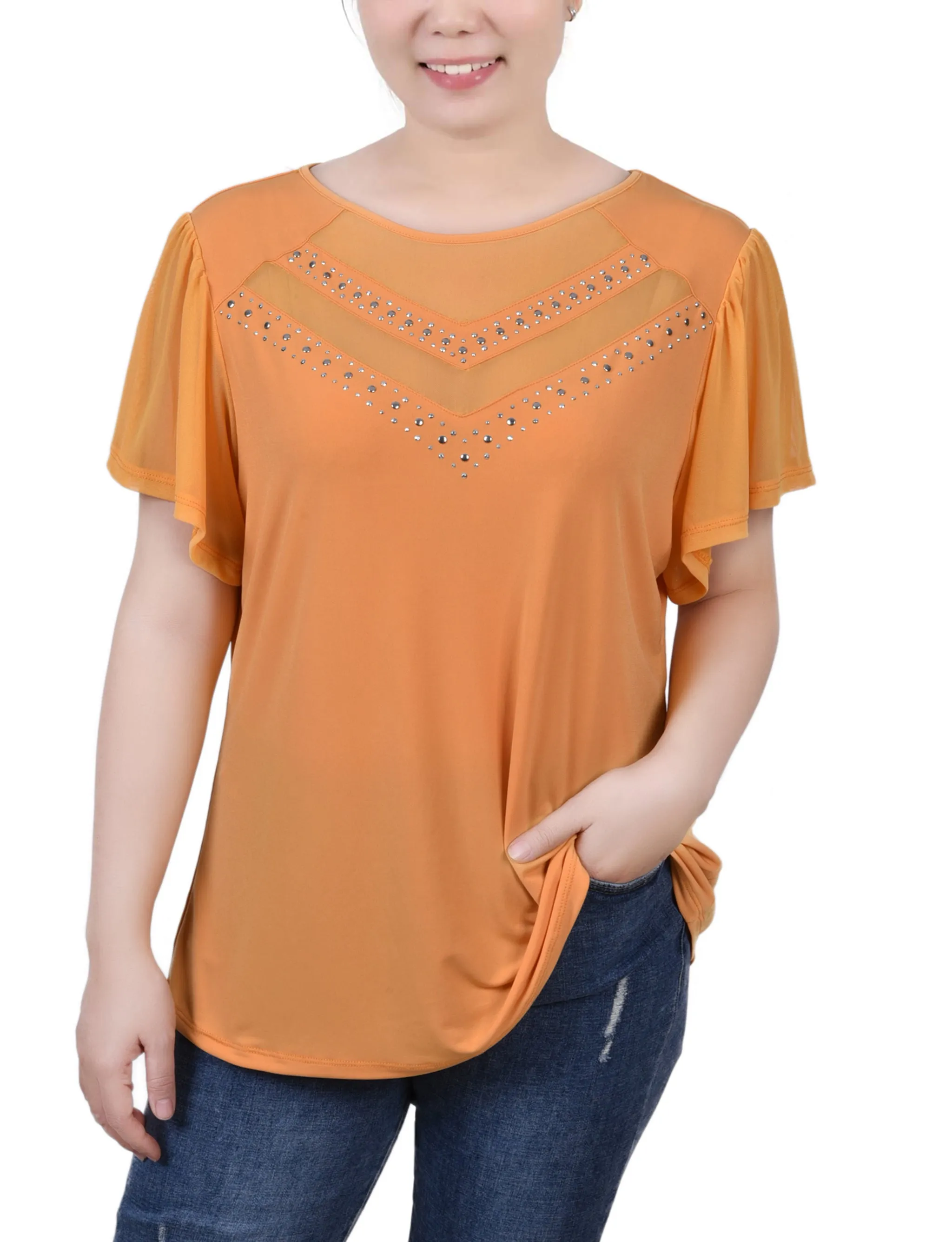 Petite Studded Short Flutter Sleeve Top With Mesh Details