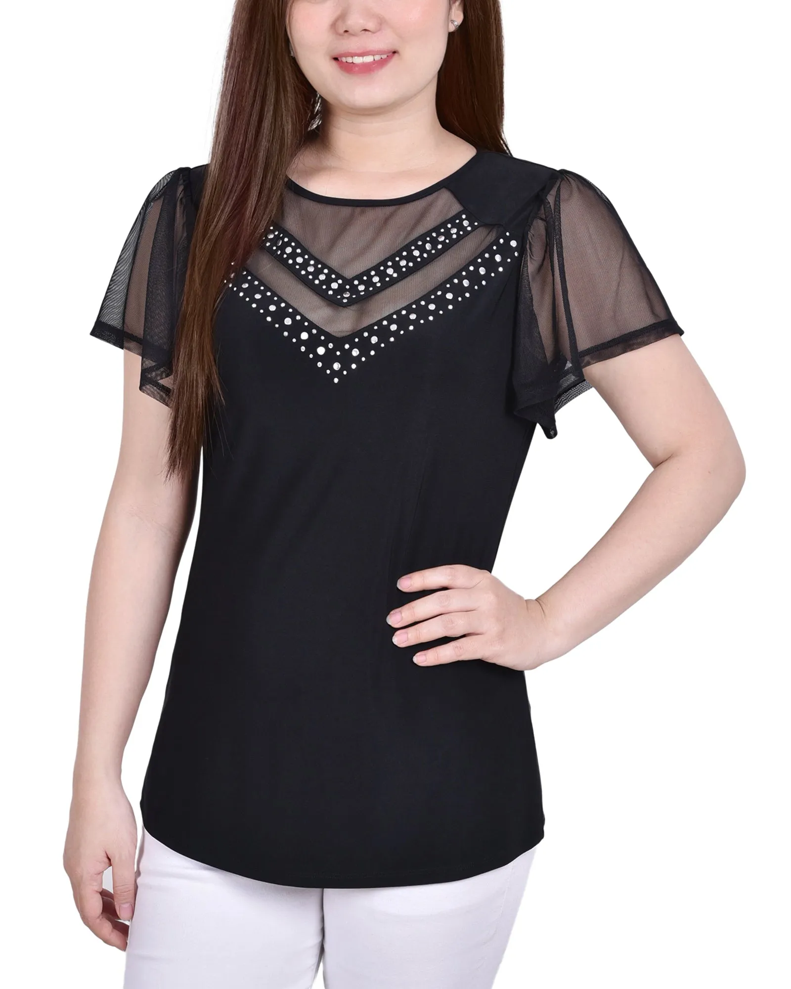 Petite Studded Short Flutter Sleeve Top With Mesh Details