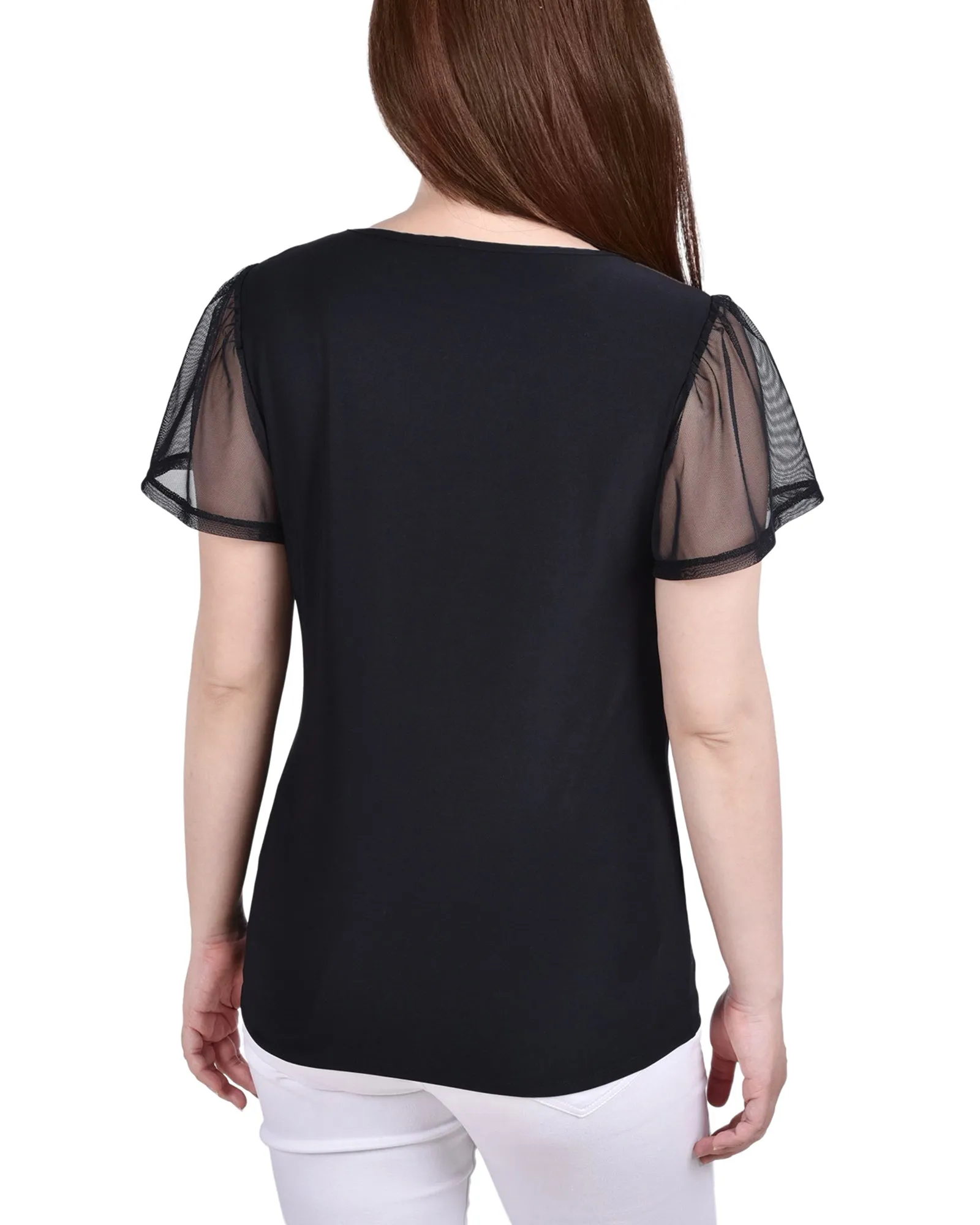 Petite Studded Short Flutter Sleeve Top With Mesh Details