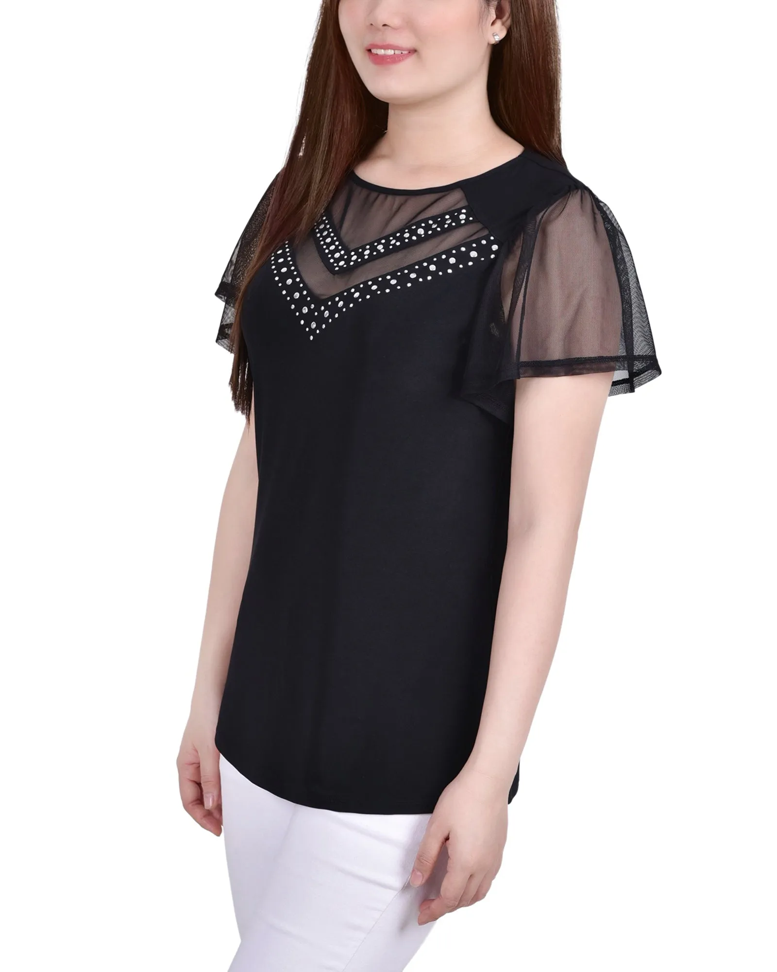 Petite Studded Short Flutter Sleeve Top With Mesh Details