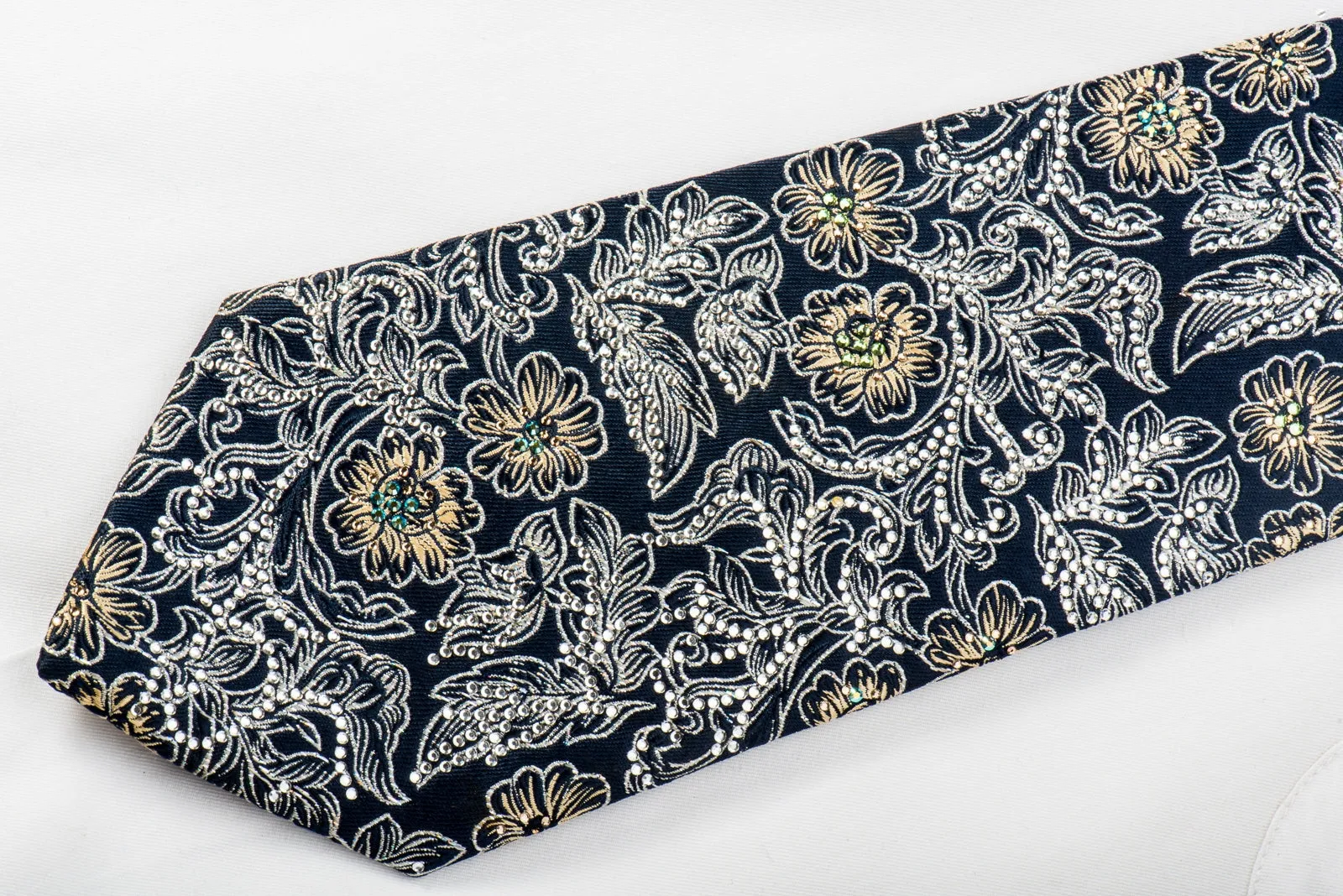 Pierre Cardin Rhinestone Silk Necktie Silver Gold Floral On Navy With Sparkles