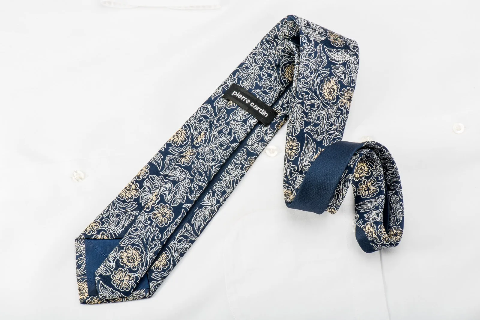 Pierre Cardin Rhinestone Silk Necktie Silver Gold Floral On Navy With Sparkles