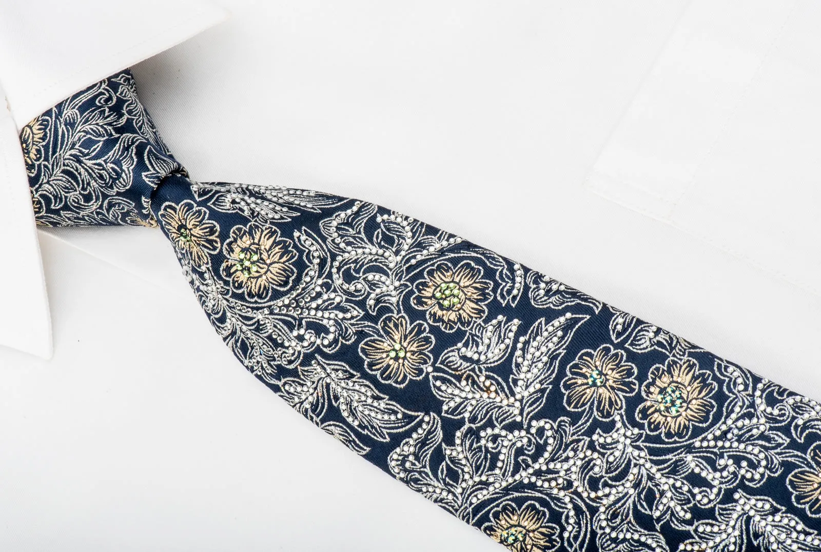 Pierre Cardin Rhinestone Silk Necktie Silver Gold Floral On Navy With Sparkles