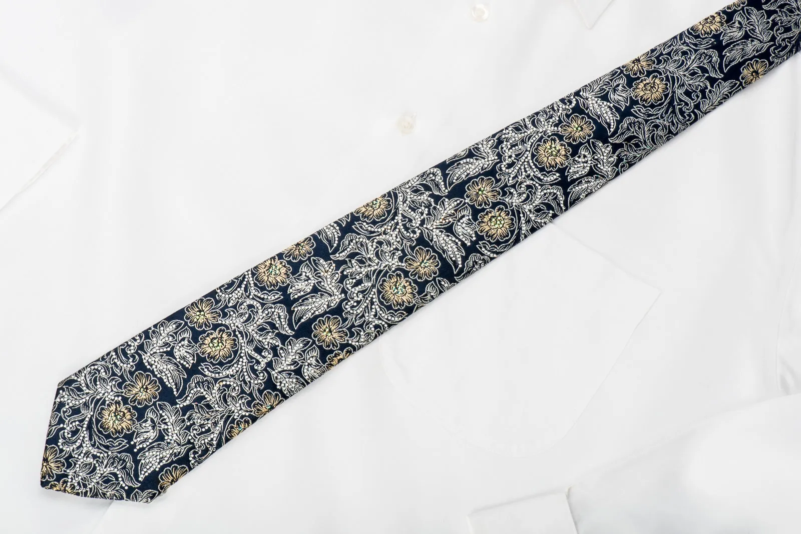 Pierre Cardin Rhinestone Silk Necktie Silver Gold Floral On Navy With Sparkles