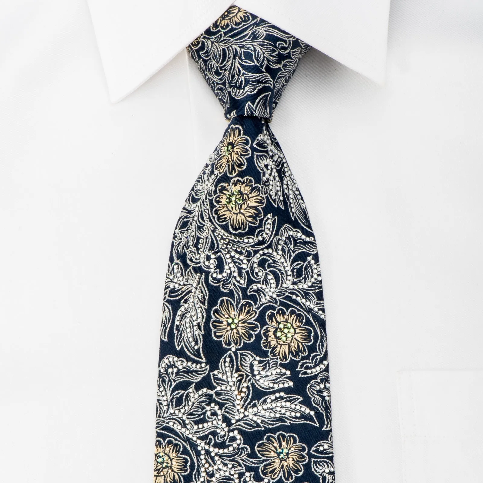 Pierre Cardin Rhinestone Silk Necktie Silver Gold Floral On Navy With Sparkles