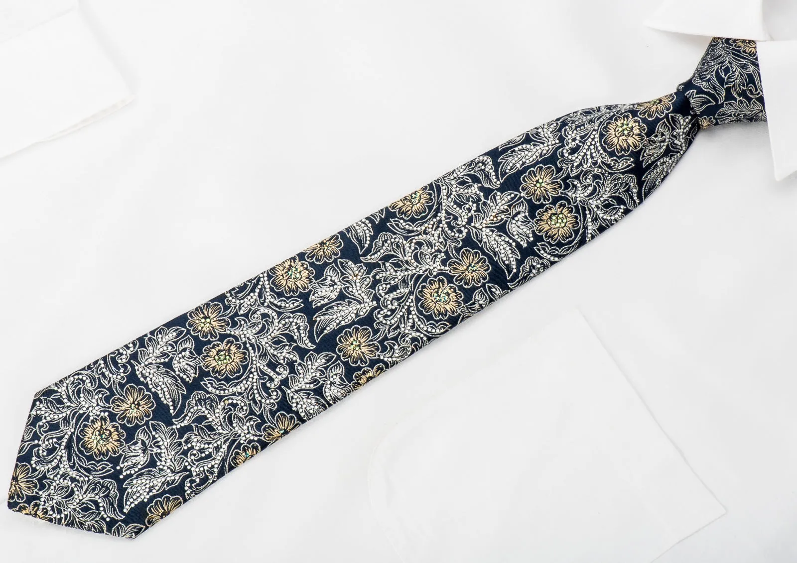 Pierre Cardin Rhinestone Silk Necktie Silver Gold Floral On Navy With Sparkles